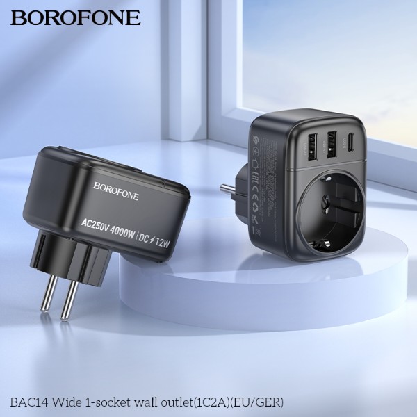 Фото - Переходник BOROFONE BAC14 Wide 1-socket wall outlet 1C2A (6941991118890) Black
